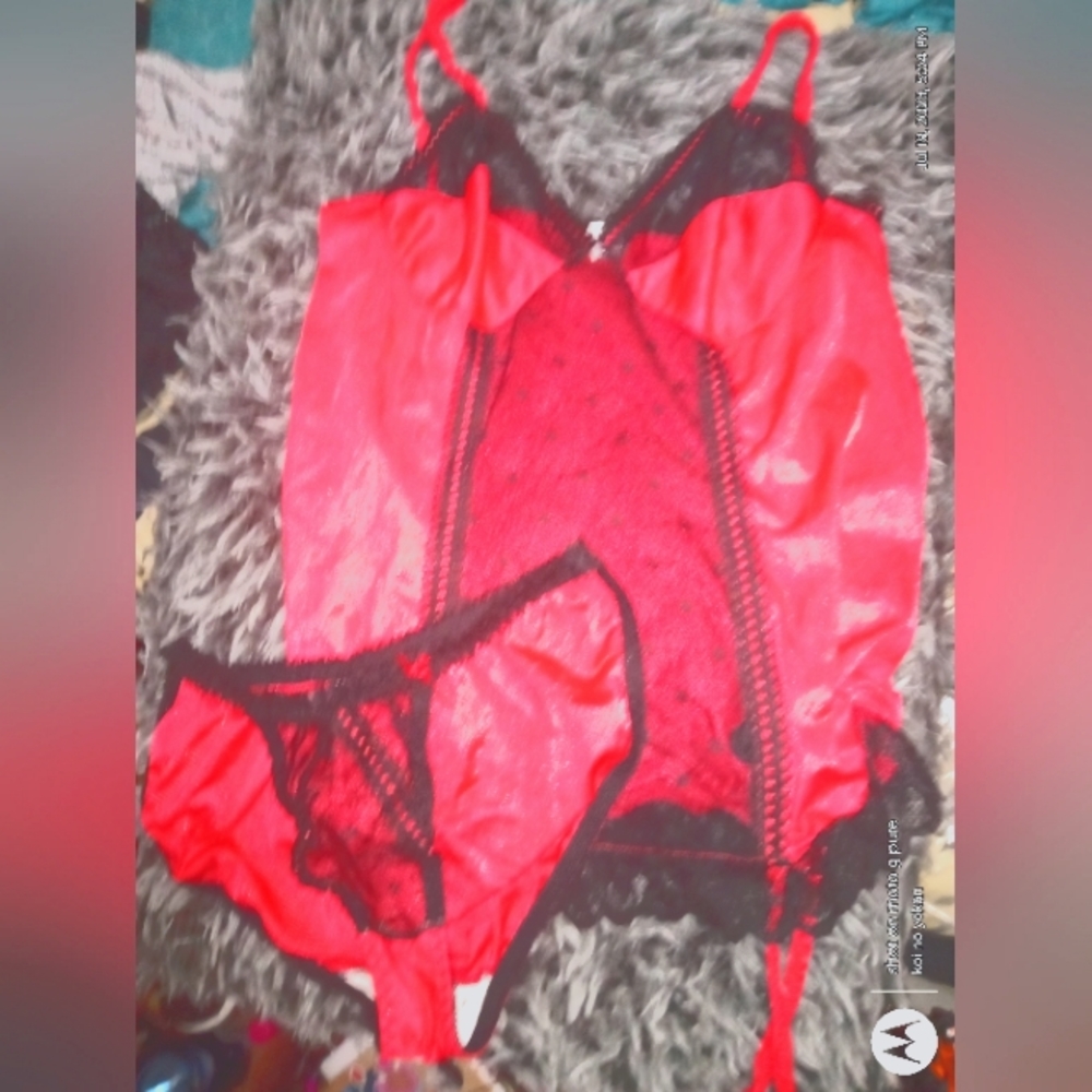 Mystique Boutique Two Piece Red and Black Lace Lingerie Set Large